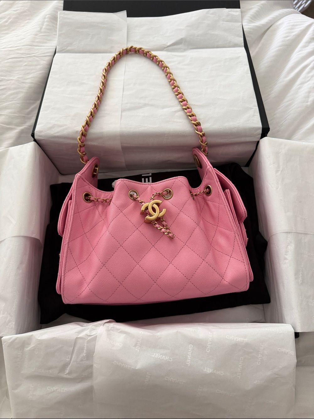 NWT CHANEL MINI Pink 25 Quilted Drawstring Shoulder Bag with Gold Chain